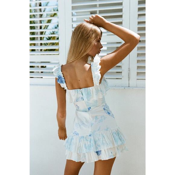 [SABO] White Peony Blue Floral Print Ruffle Mini Dress NWT Fit & Flare Sz Large - Picture 2 of 12